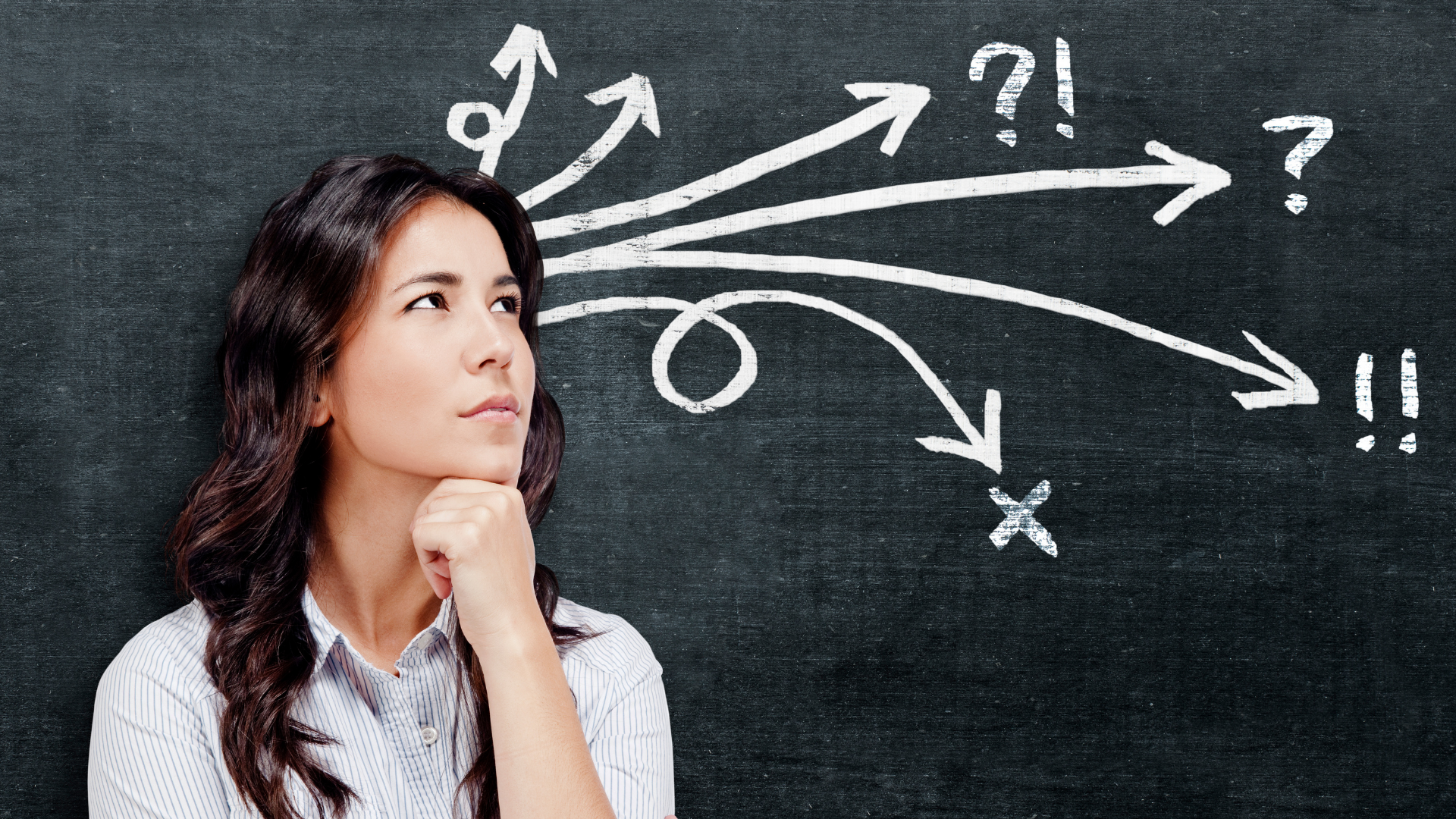 Thoughtful businesswoman standing in front of a chalkboard with multiple arrows and question marks, symbolizing Business Decision Return on Investment analysis for strategic decision-making.