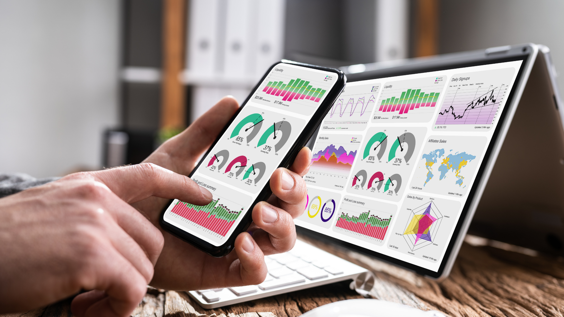 Close-up of a person using a smartphone and laptop, both displaying colorful charts, graphs, and performance metrics dashboards. This image highlights the benefits of Custom Dashboard Development for real-time data analysis and visualization across multiple devices.