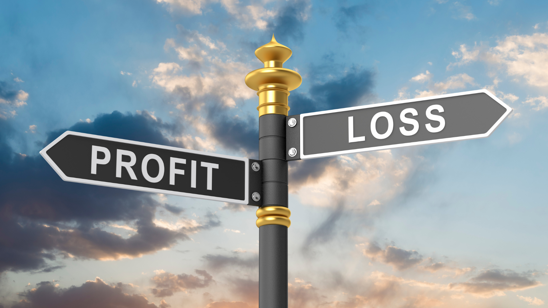 A street signpost with arrows pointing in opposite directions labeled 'Profit' and 'Loss,' set against a dramatic sky, symbolizing the insights provided by a Monthly Income Statement in tracking revenue, expenses, and overall financial performance.