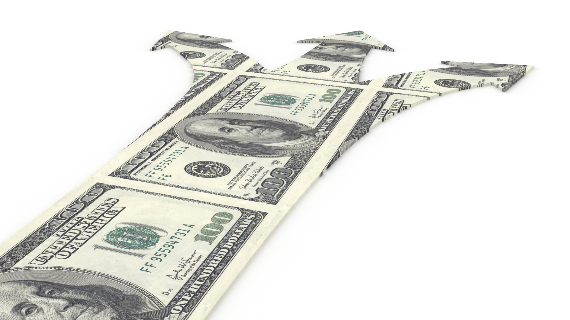 A visual representation of cash flow with three arrows diverging, formed by $100 bills, symbolizing the breakdown of cash inflows and outflows in operating, investing, and financing activities, as depicted in a Monthly Statement of Cash Flows.