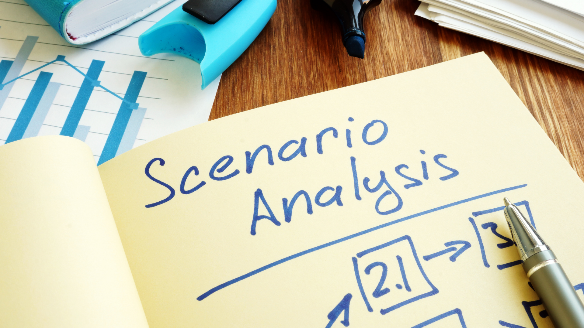 Notebook with 'Scenario Analysis' written on the page, accompanied by charts and a pen, symbolizing What-If Business Scenario Planning for evaluating decision impacts.