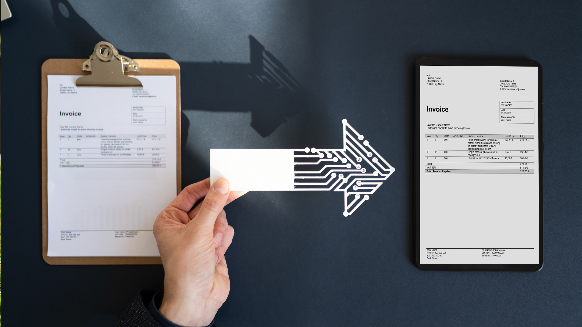 Digital arrow pointing from a paper invoice on a clipboard to an electronic invoice on a tablet, symbolizing streamlined Customer Invoicing for accurate and timely billing.