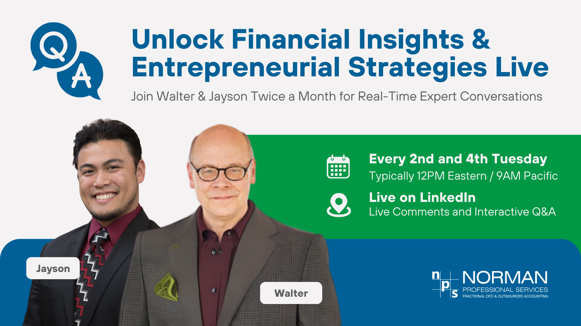 Promotional banner for 'Advice from a CFO' LinkedIn Live session featuring Walter and Jayson from Norman Professional Services, offering expert financial insights and Q&A every 2nd and 4th Tuesday.