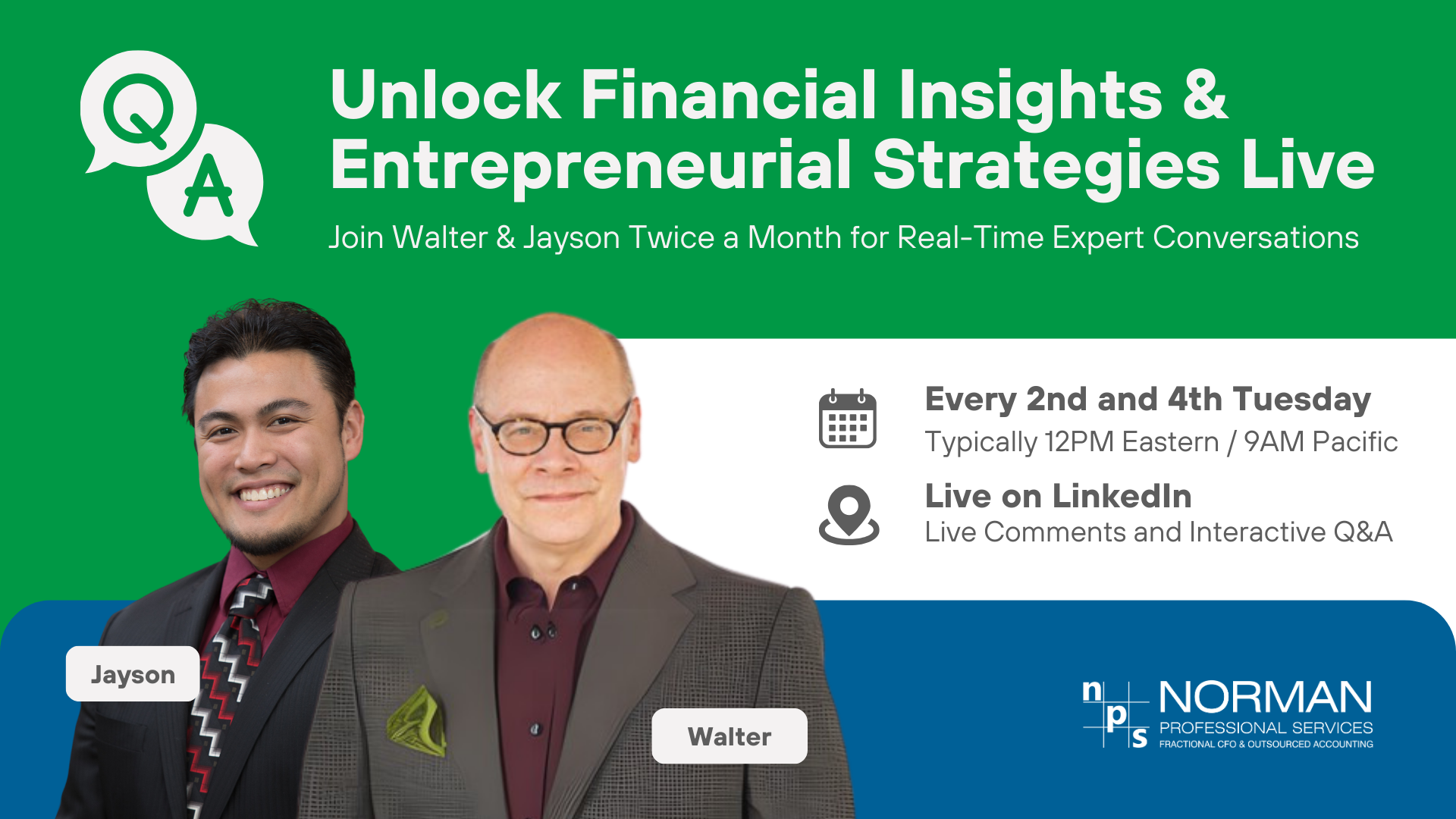 Promotional banner for 'Advice from a CFO' LinkedIn Live session featuring Walter and Jayson from Norman Professional Services, offering expert financial insights and Q&A every 2nd and 4th Tuesday.