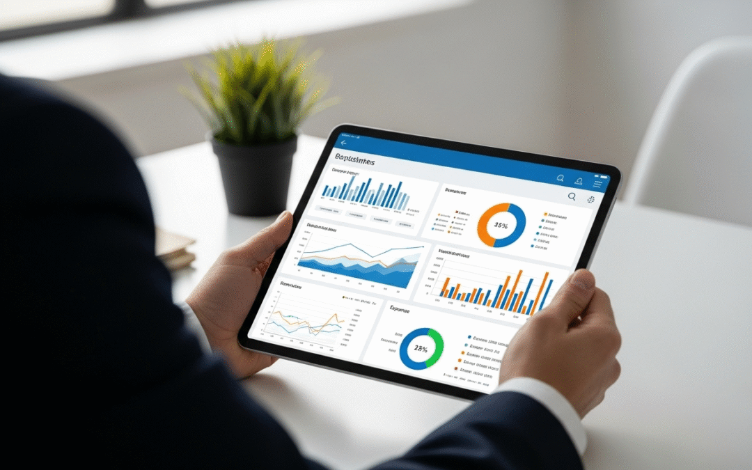 A fractional CFO analyzes a financial dashboard on a tablet, demonstrating how modern expense tracking tools provide entrepreneurs with business intelligence and actionable insights into their company's performance and cash flow
